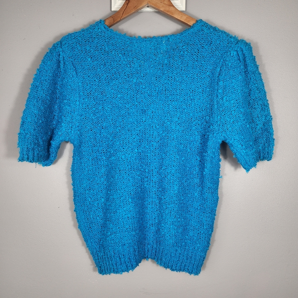 Margules Vintage Blue Sweater Size Medium Short Puffy Sleeves 3 Button - Picture 5 of 5
